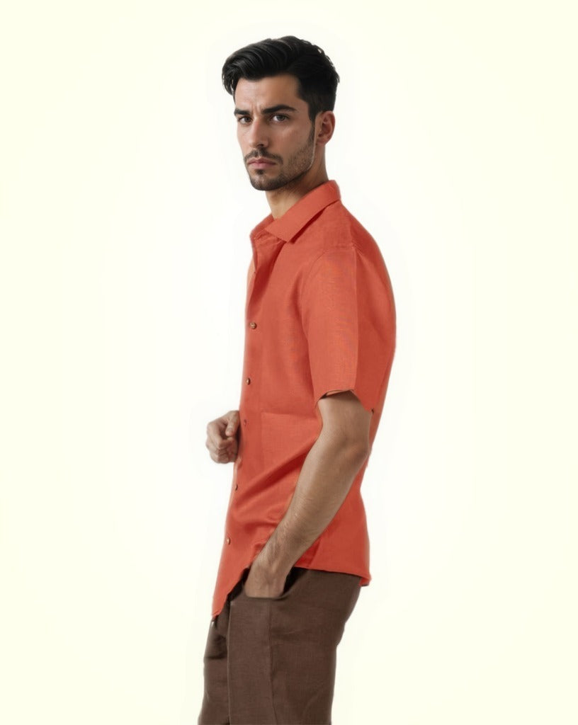 BURNT ORANGE PURE LINEN HALF SLEEVE SHIRT