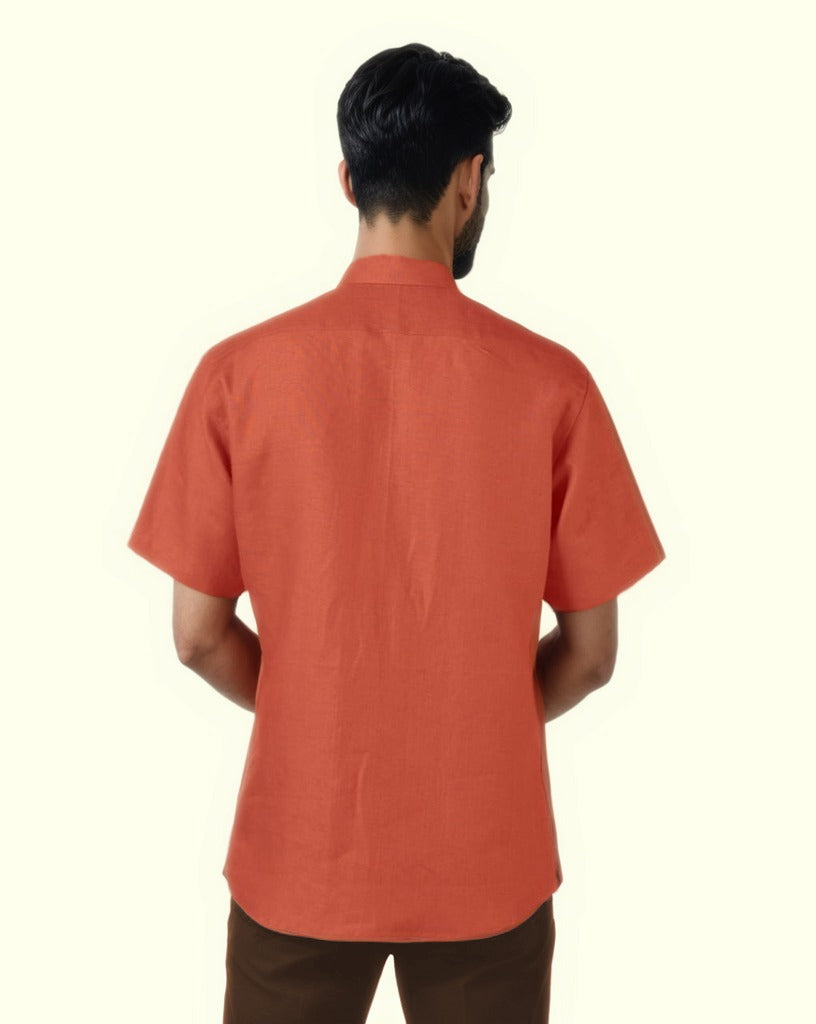BURNT ORANGE PURE LINEN HALF SLEEVE SHIRT