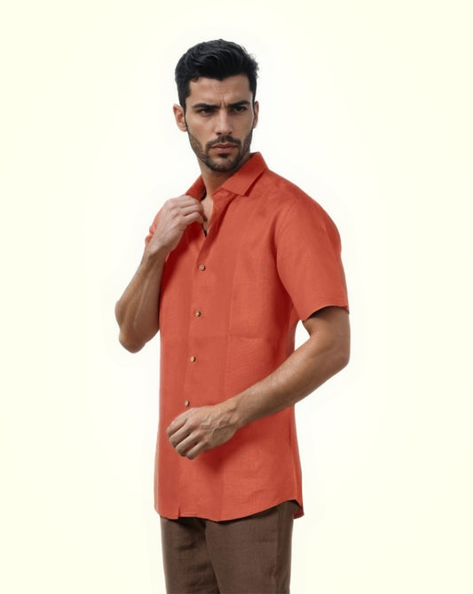 BURNT ORANGE PURE LINEN HALF SLEEVE SHIRT