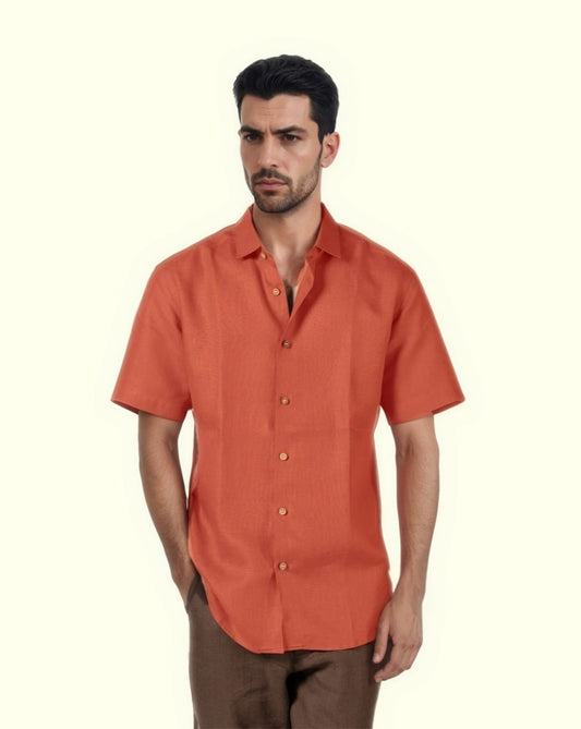 BURNT ORANGE PURE LINEN HALF SLEEVE SHIRT