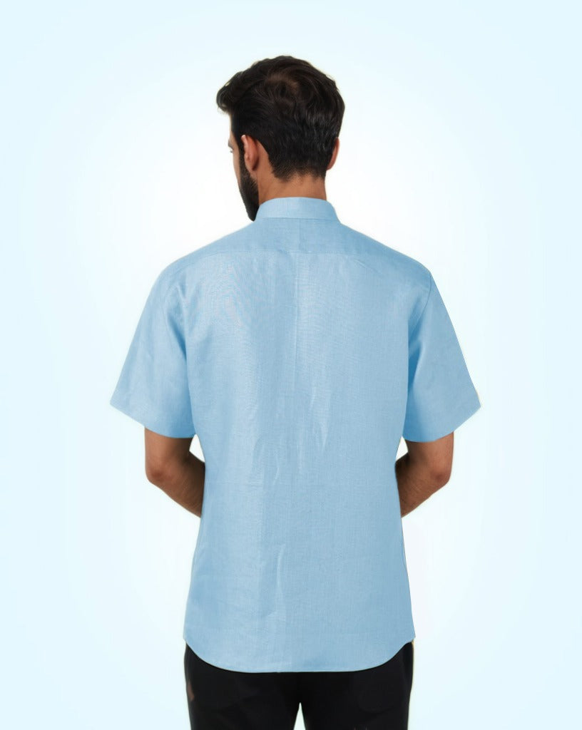 SKY-BLUE PURE LINEN HALF SLEEVE SHIRT