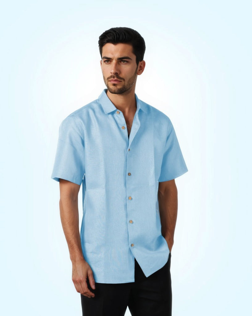 SKY-BLUE PURE LINEN HALF SLEEVE SHIRT