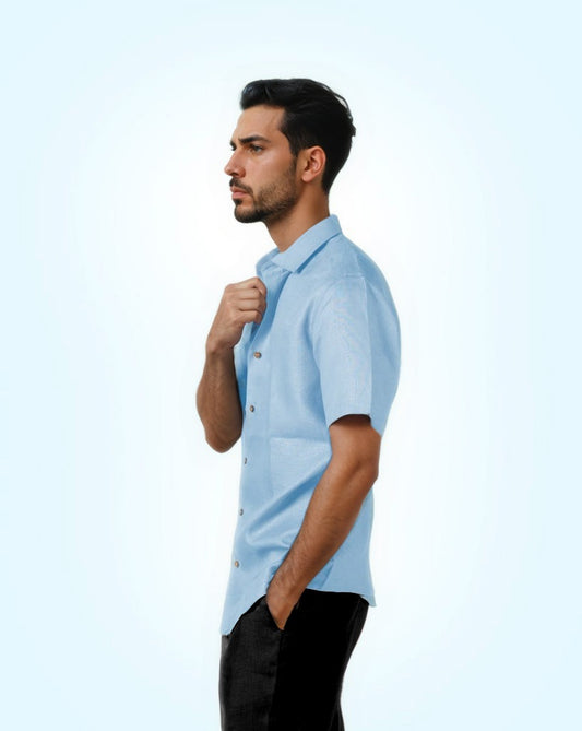 SKY-BLUE PURE LINEN HALF SLEEVE SHIRT