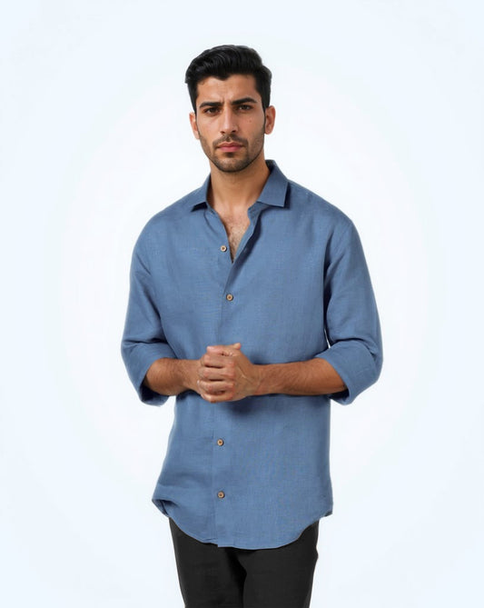 PURE LINEN DARK SKY-BLUE FULL SLEEVE SHIRT