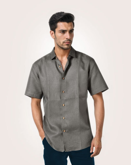 STEEL GREY PURE LINEN HALF SLEEVE SHIRT