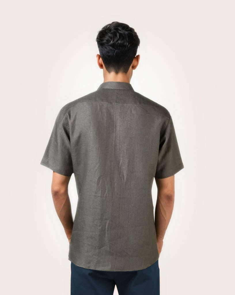 STEEL GREY PURE LINEN HALF SLEEVE SHIRT