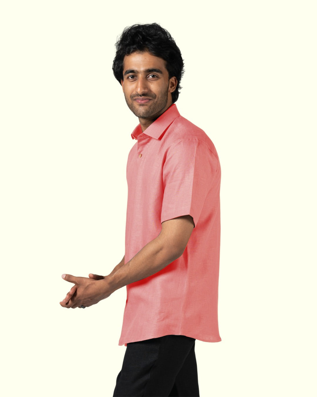 LIGHT PINK PURE LINEN HALF SLEEVE SHIRT