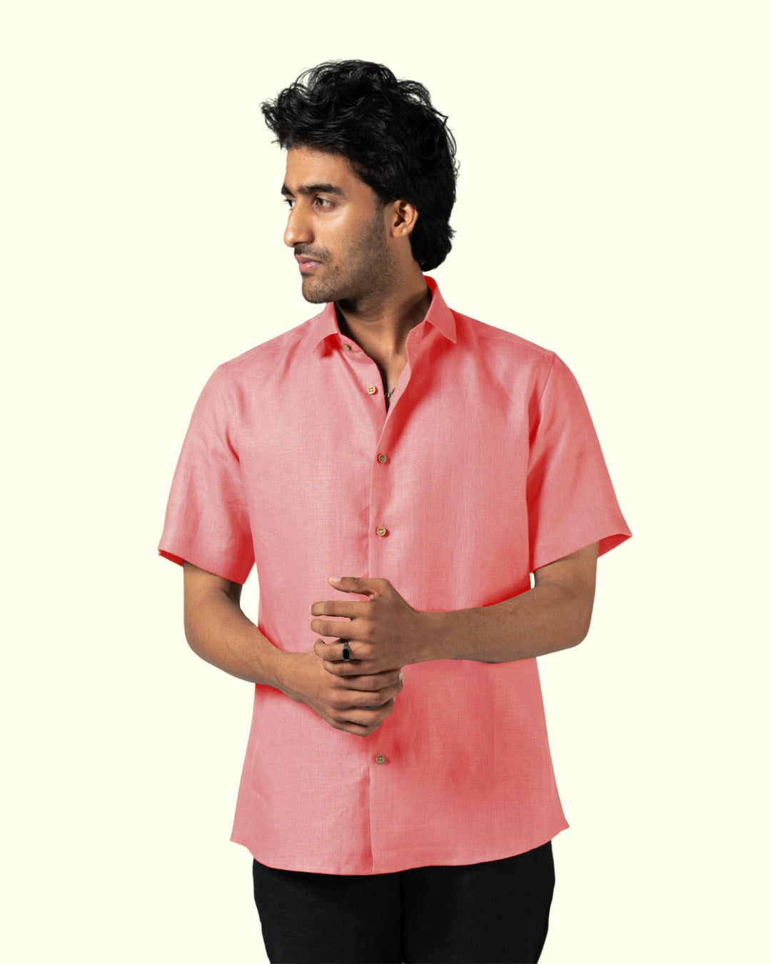LIGHT PINK PURE LINEN HALF SLEEVE SHIRT