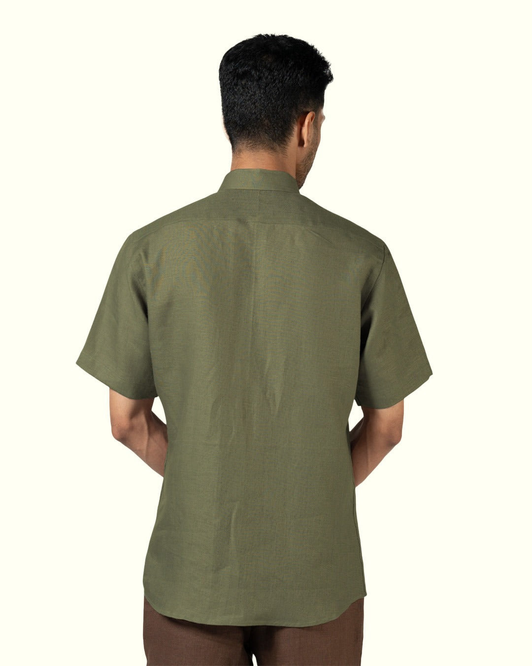 PURE LINEN OLIVE GREEN HALF SLEEVE SHIRT