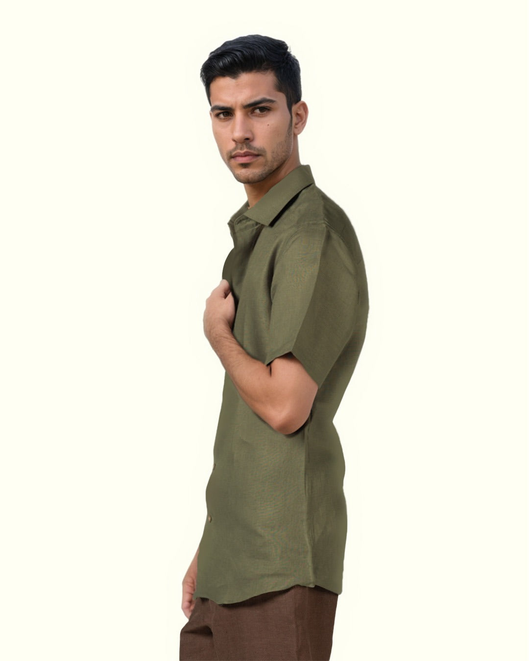 PURE LINEN OLIVE GREEN HALF SLEEVE SHIRT