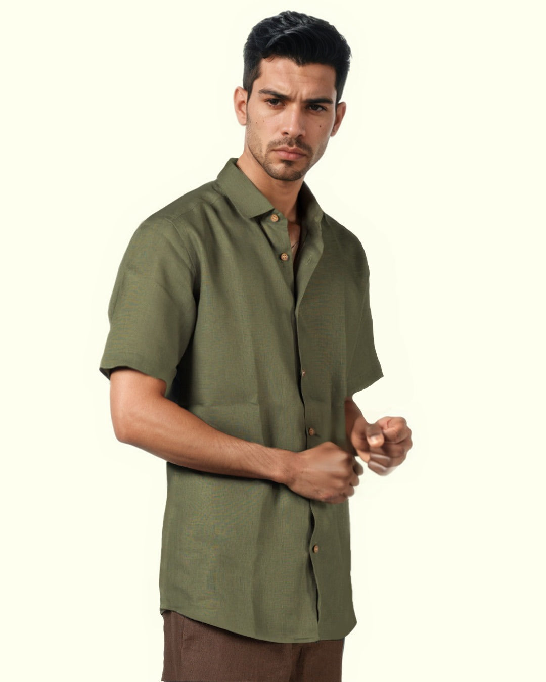 PURE LINEN OLIVE GREEN HALF SLEEVE SHIRT