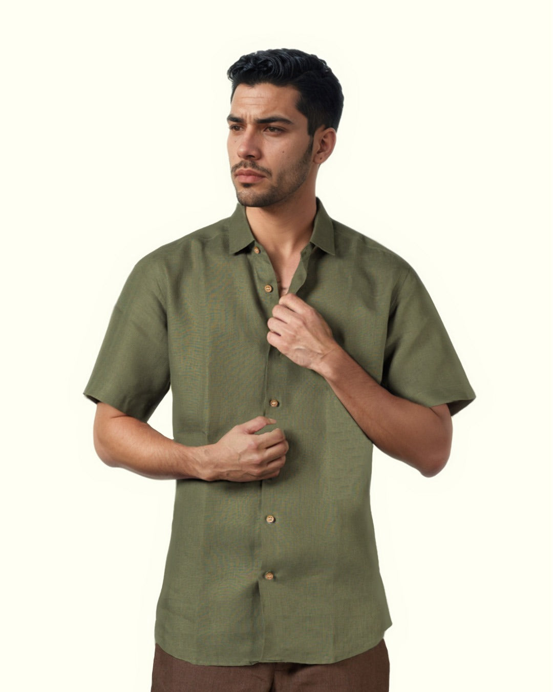 PURE LINEN OLIVE GREEN HALF SLEEVE SHIRT