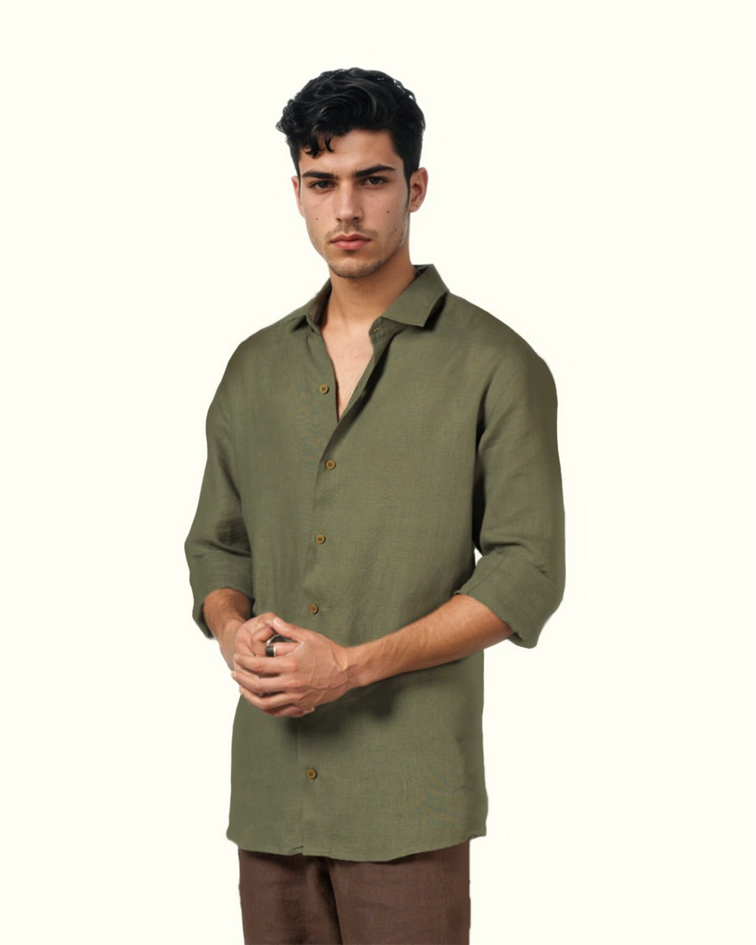 OLIVE GREEN PURE LINEN FULL SLEEVE SHIRT