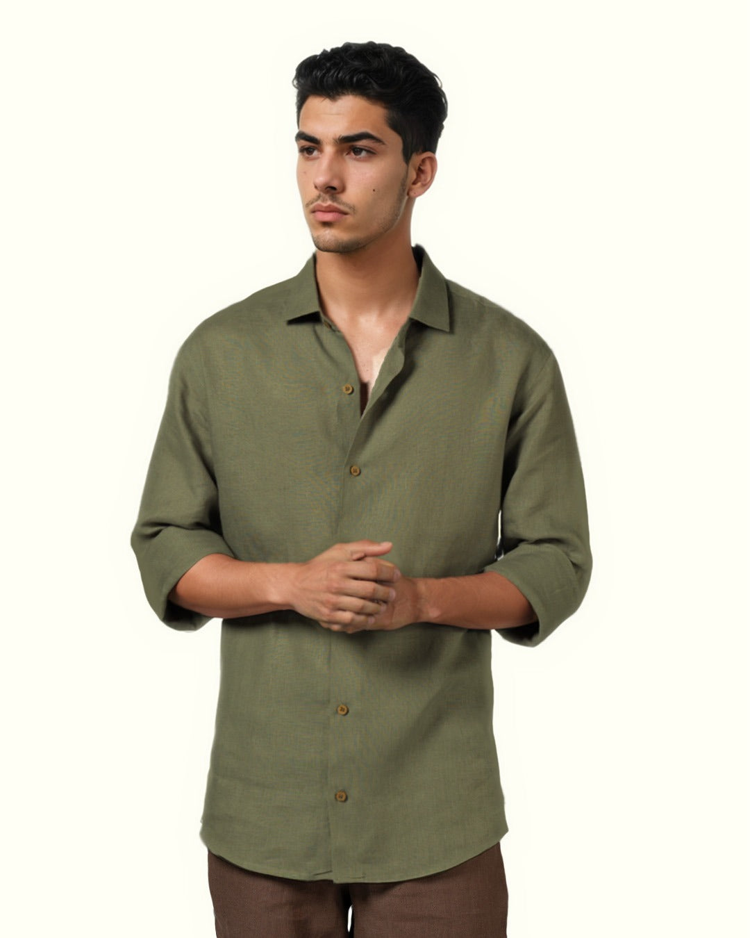 OLIVE GREEN PURE LINEN FULL SLEEVE SHIRT