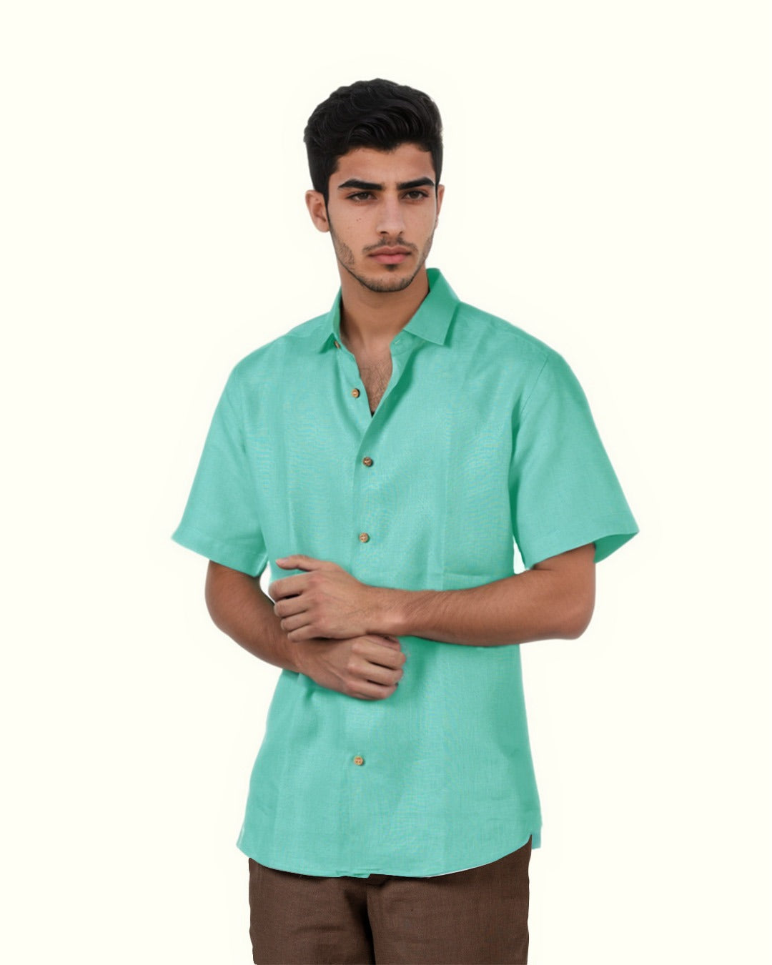 PURE LINEN CYAN HALF SLEEVE SHIRT