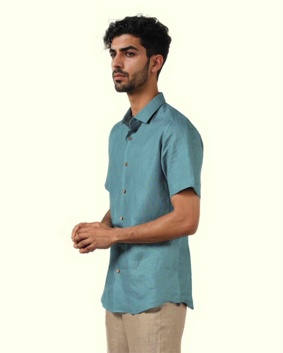 PURE LINEN DARK SKY-BLUE HALF SLEEVE SHIRT