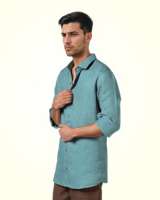 DARK SKY-BLUE PURE LINEN FULL SLEEVE SHIRT