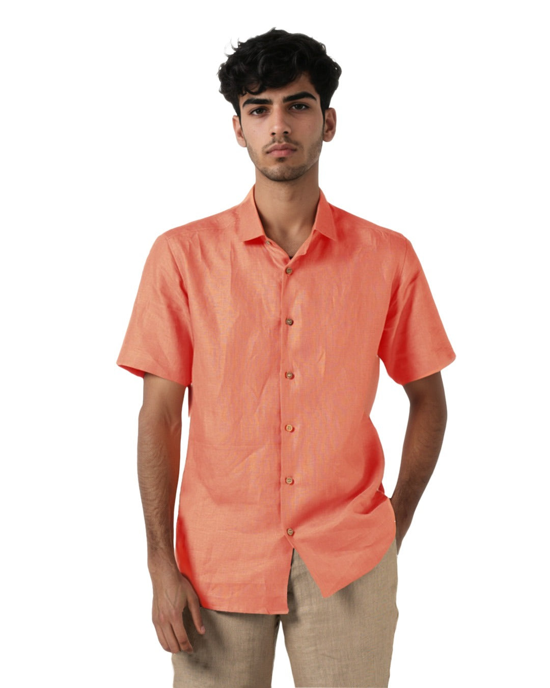 DARK SALMON PURE LINEN HALF SLEEVE SHIRT