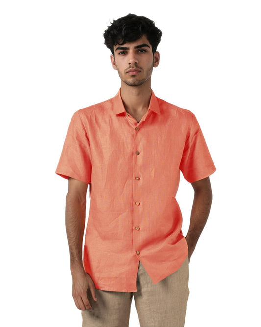 DARK SALMON PURE LINEN HALF SLEEVE SHIRT