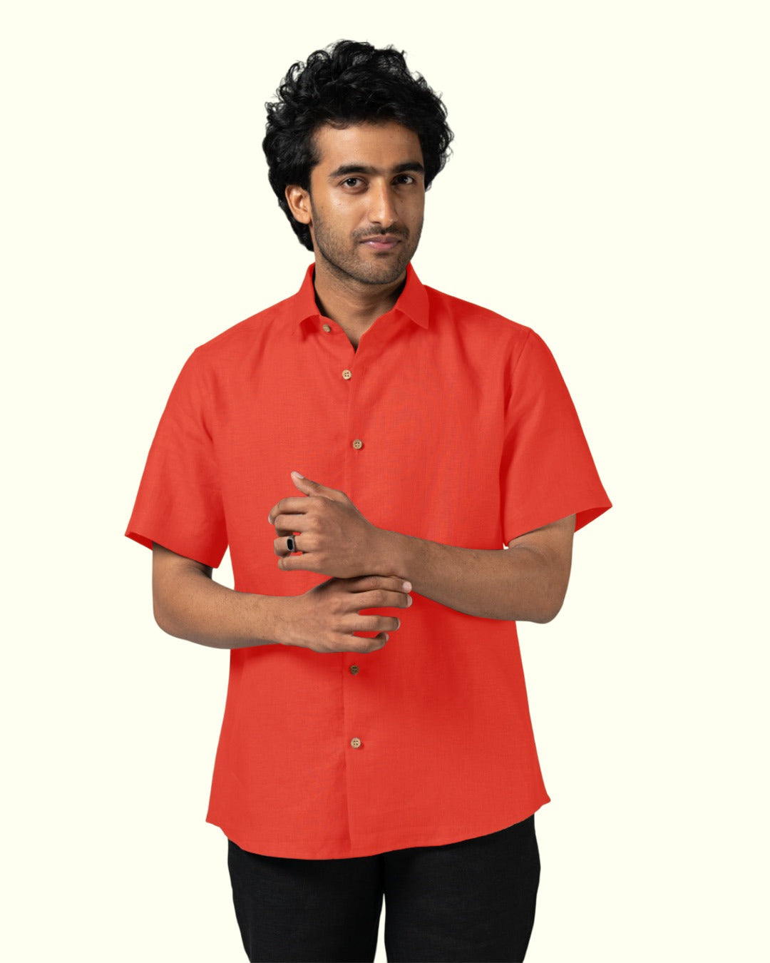 PURE LINEN BURNT ORANGE HALF SLEEVE SHIRT