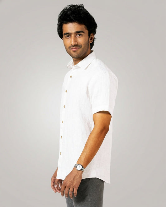 WHITE PURE LINEN HALF SLEEVE SHIRT