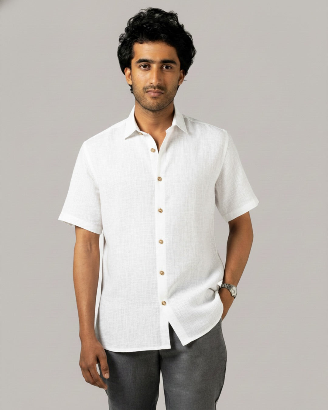 WHITE PURE LINEN HALF SLEEVE SHIRT