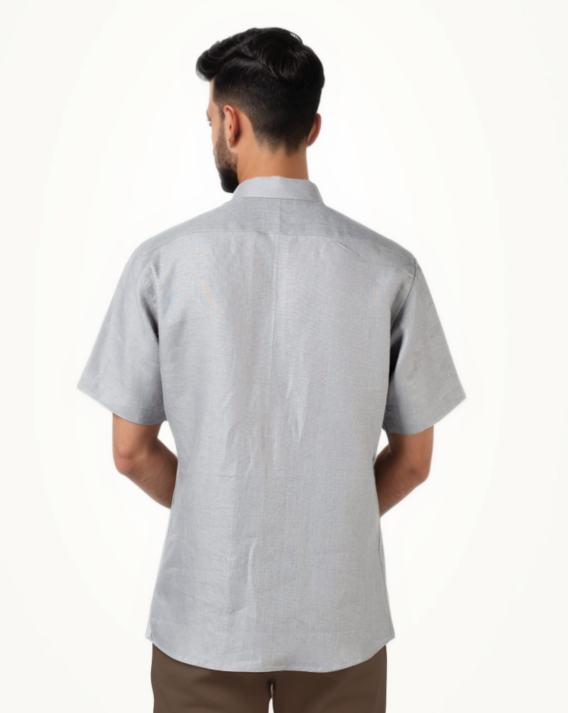 LIGHT GREY PURE LINEN HALF SLEEVE SHIRT