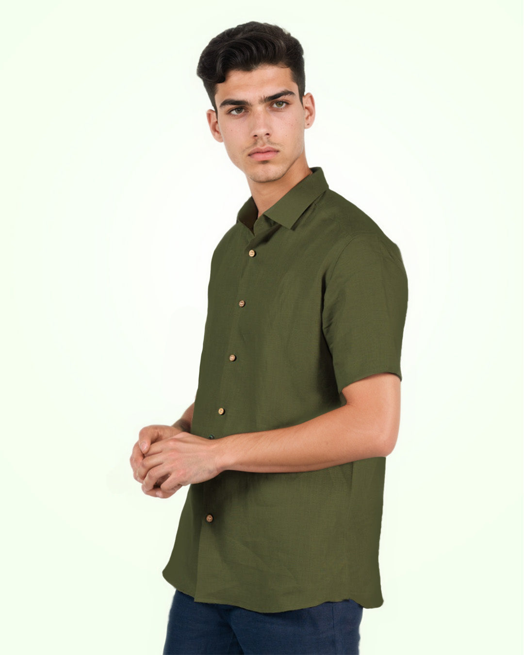 PURE LINEN DARK GREEN HALF SLEEVE SHIRT