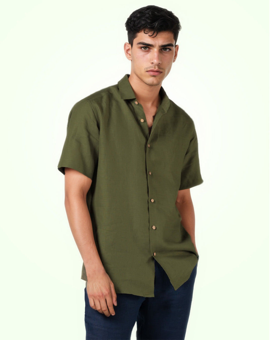 PURE LINEN DARK GREEN HALF SLEEVE SHIRT