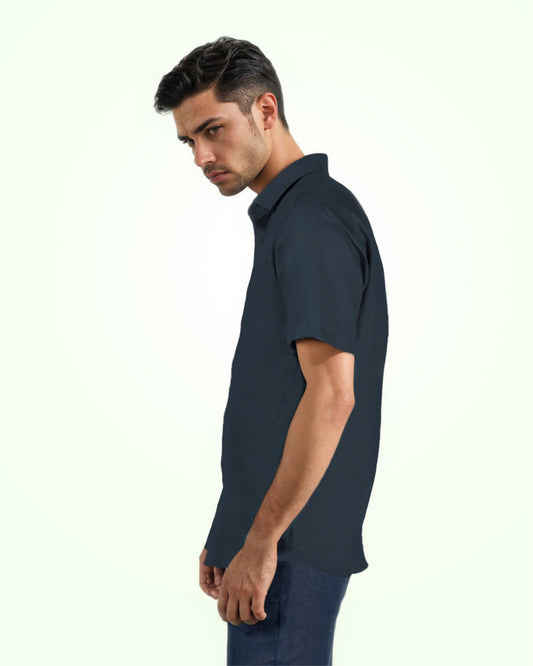 PURE LINEN DARK BLUE HALF SLEEVE SHIRT