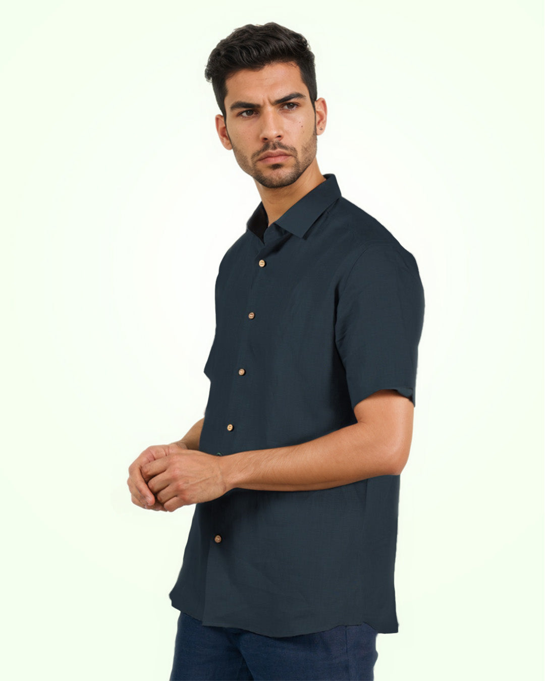 PURE LINEN DARK BLUE HALF SLEEVE SHIRT