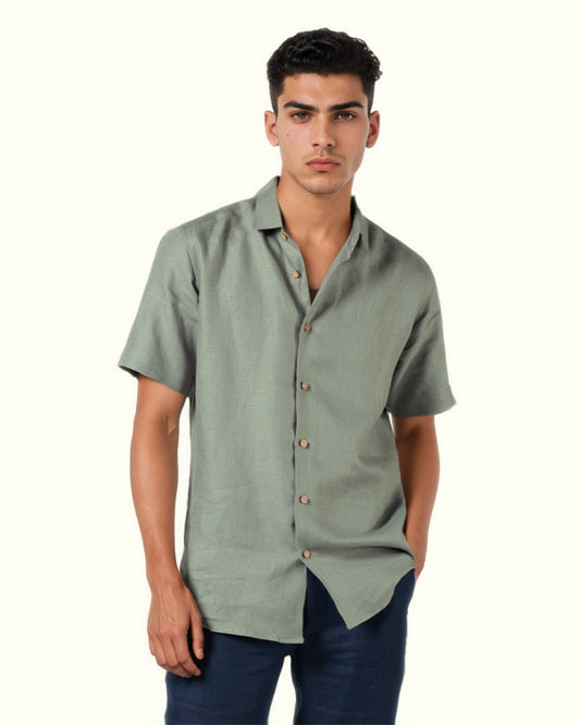 PURE LINEN SAGE GREEN HALF SLEEVE SHIRT