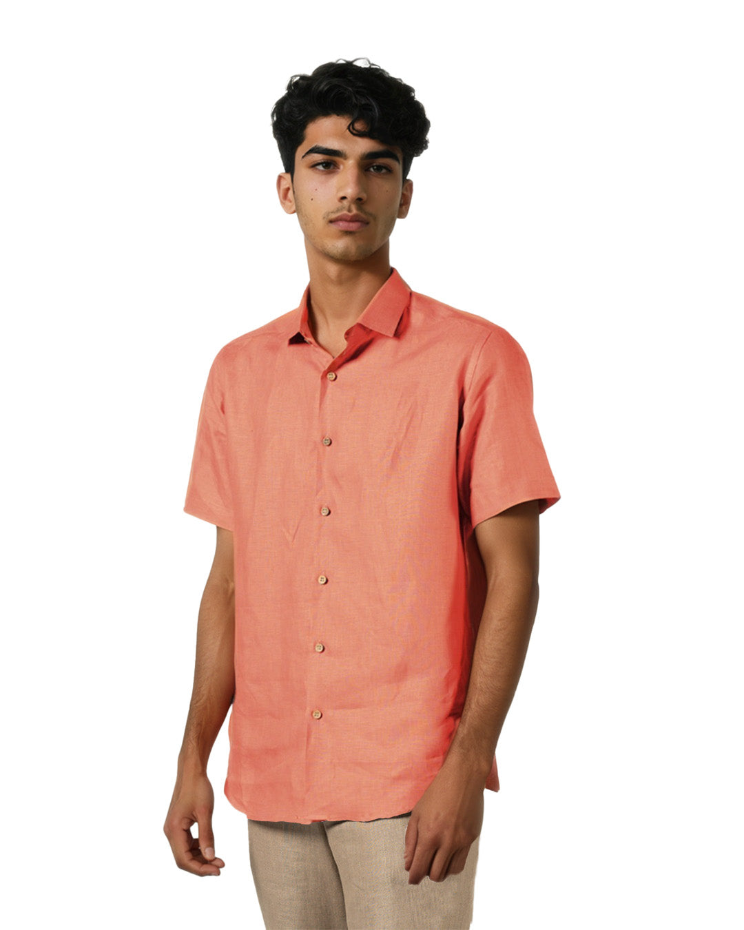 DARK SALMON PURE LINEN HALF SLEEVE SHIRT