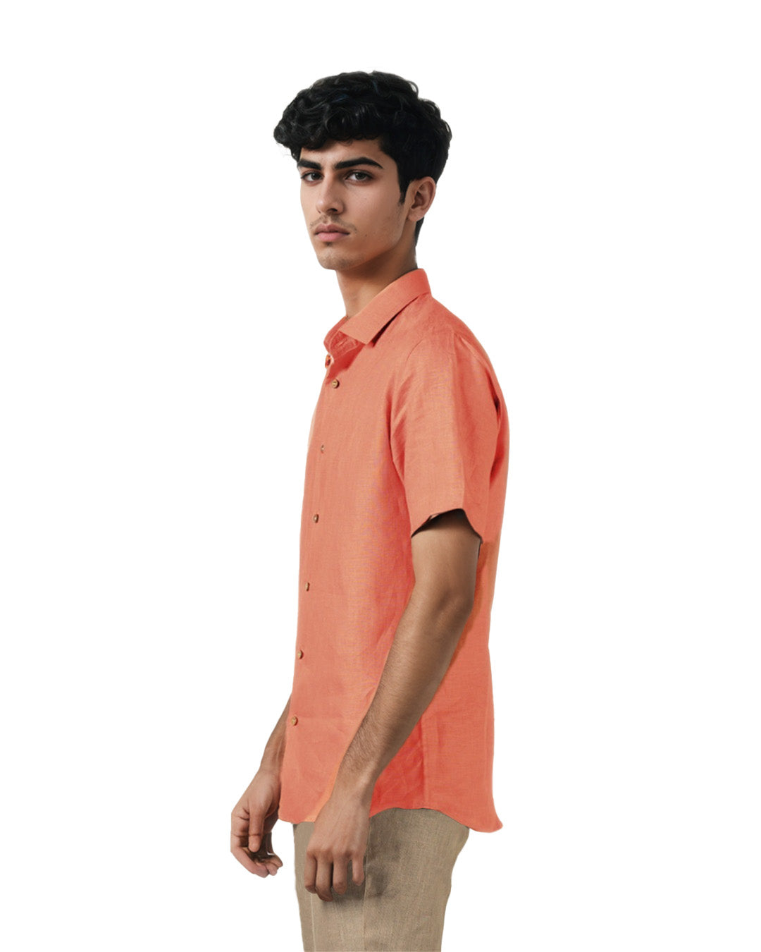 DARK SALMON PURE LINEN HALF SLEEVE SHIRT