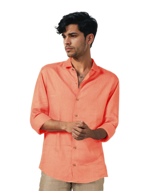 PURE LINEN DARK SALMON FULL SLEEVE SHIRT