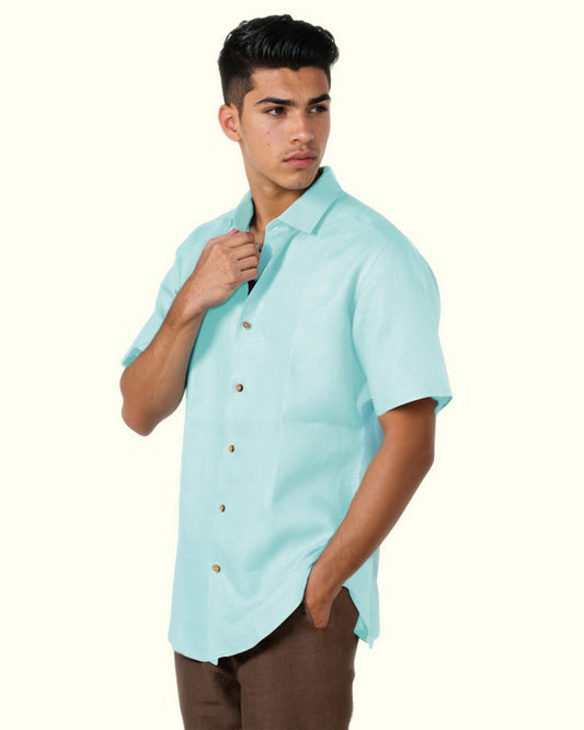 SKY-BLUE PURE LINEN HALF SLEEVE SHIRT