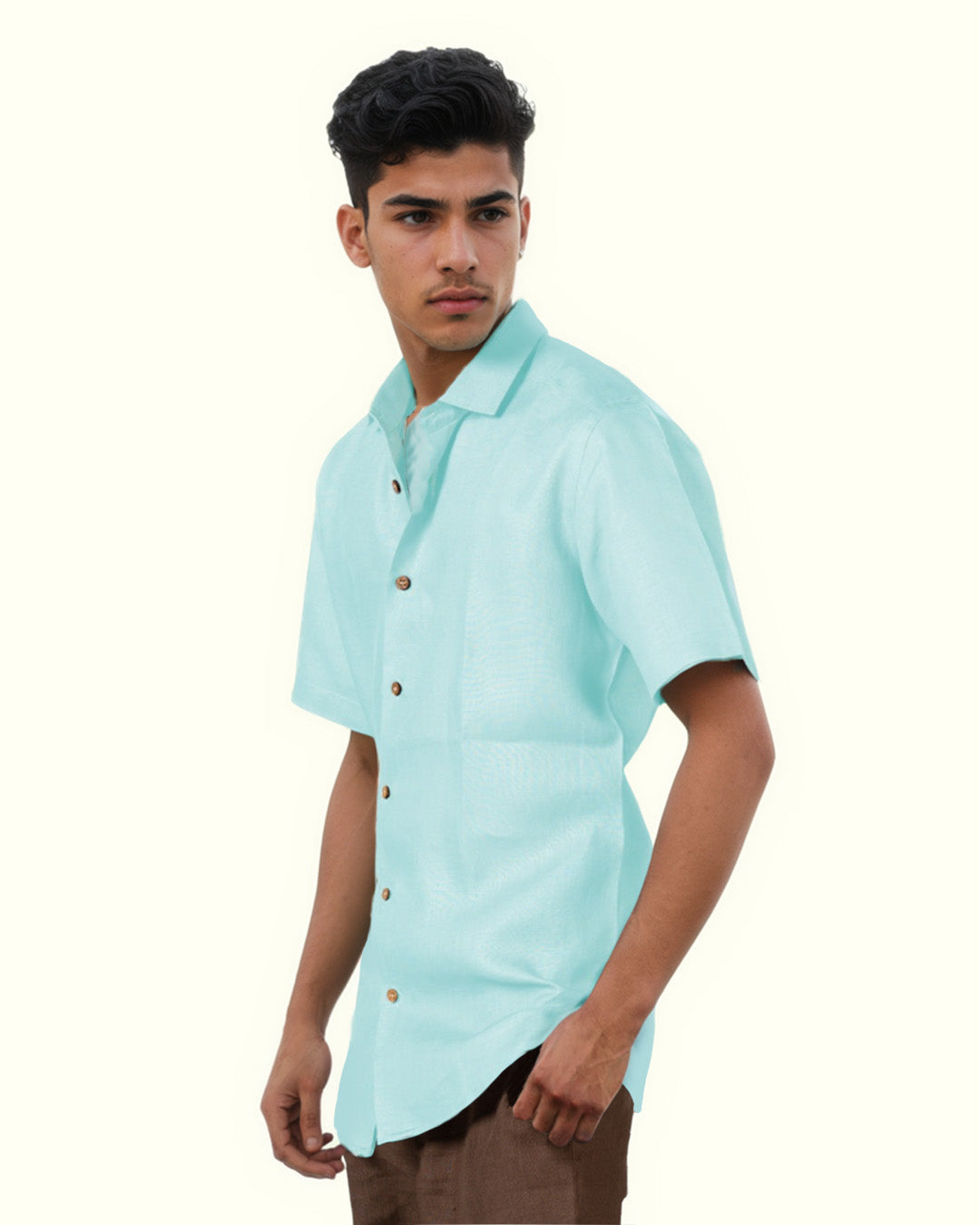 SKY-BLUE PURE LINEN HALF SLEEVE SHIRT