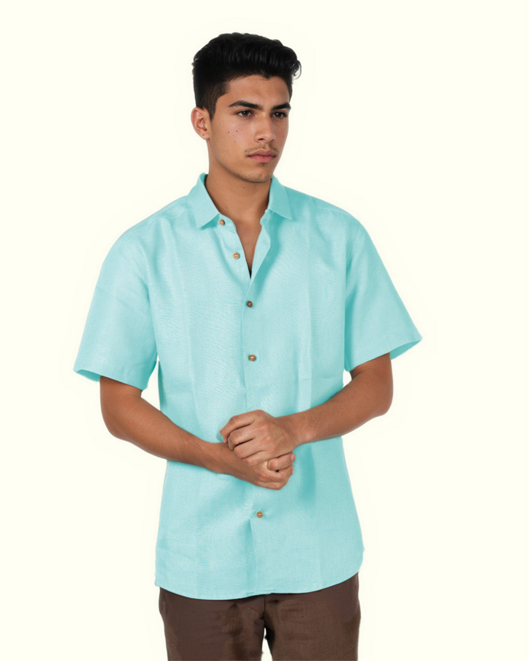 SKY-BLUE PURE LINEN HALF SLEEVE SHIRT