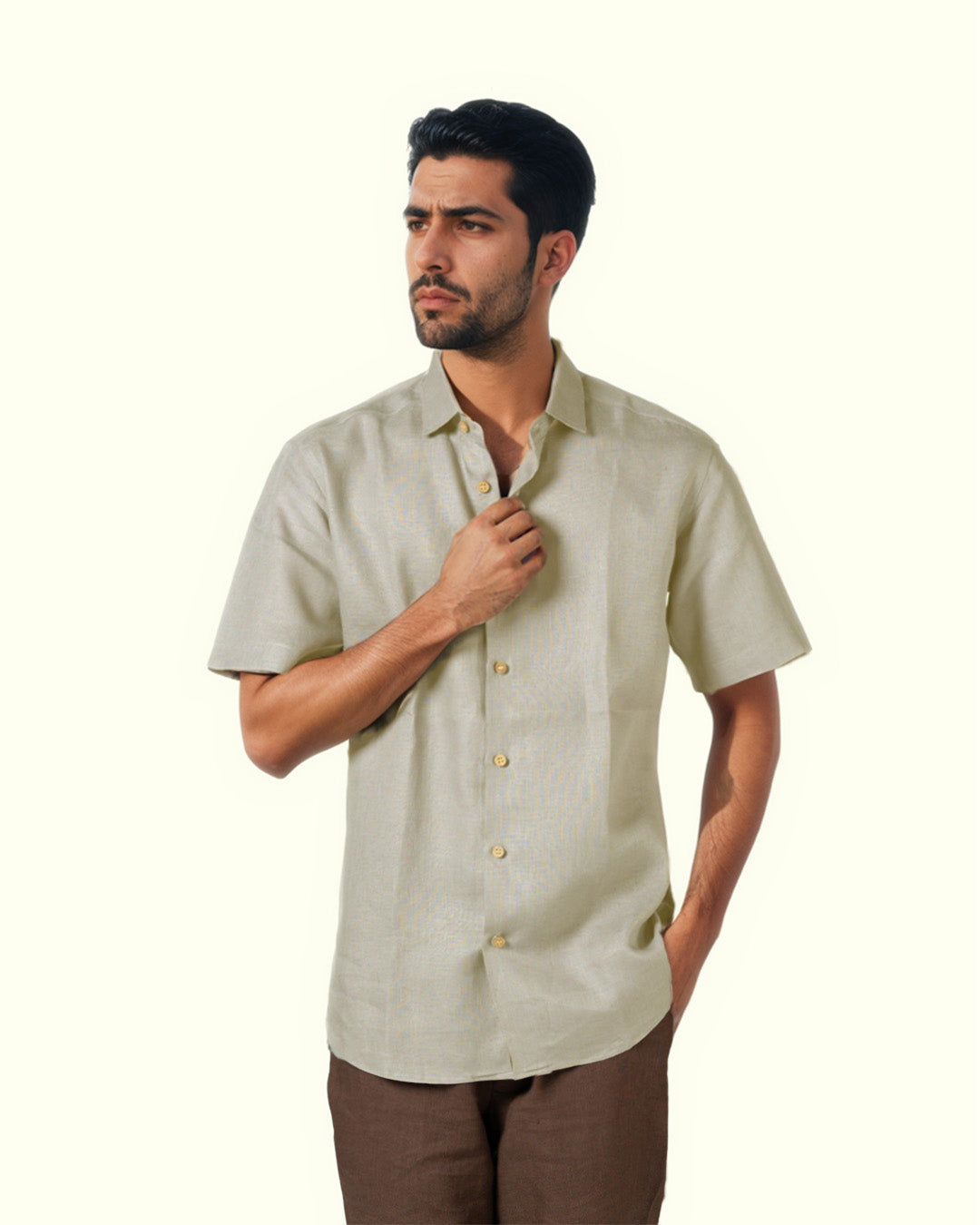 CREAM PURE LINEN HALF SLEEVE SHIRT