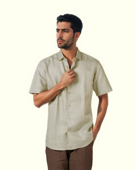 CREAM PURE LINEN HALF SLEEVE SHIRT