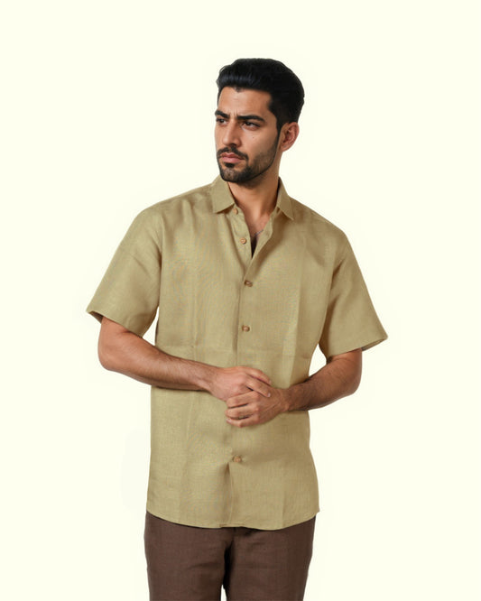 LIGHT OLIVE PURE LINEN HALF SLEEVE SHIRT