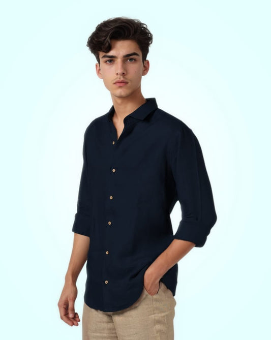 PURE LINEN NAVY BLUE FULL SLEEVE SHIRT