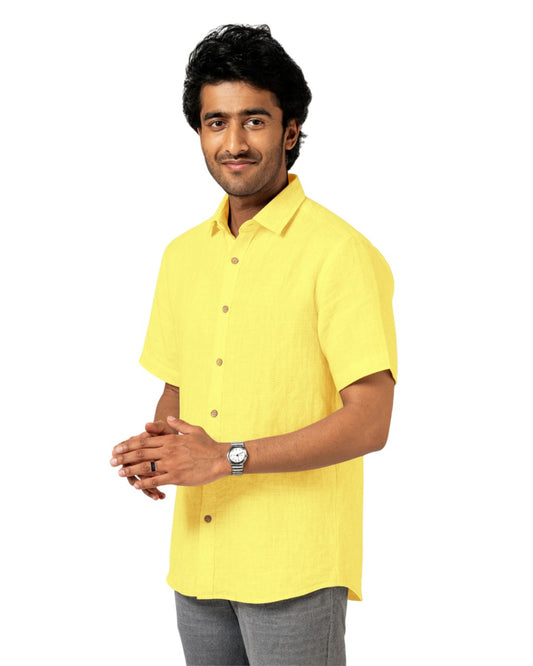 CADMIUM YELLOW PURE LINEN HALF SLEEVE SHIRT