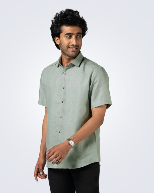 LIGHT SAGE GREEN PURE LINEN HALF SLEEVE SHIRT