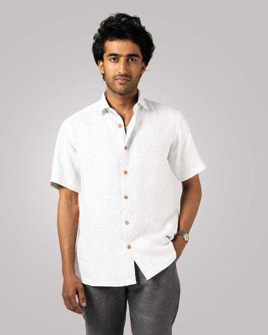 WHITE PURE LINEN HALF SLEEVE SHIRT