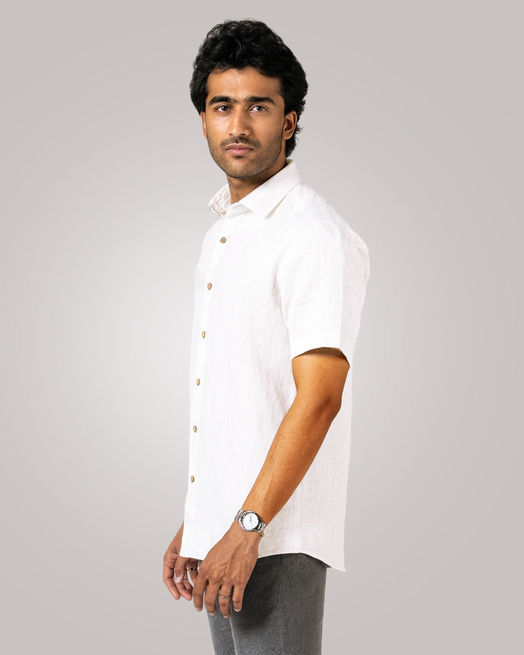 WHITE PURE LINEN HALF SLEEVE SHIRT