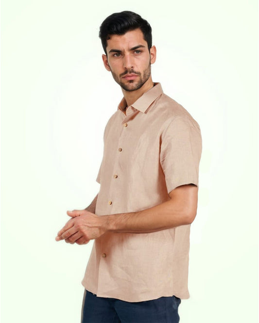 SALMON PINK PURE LINEN HALF SLEEVE SHIRT