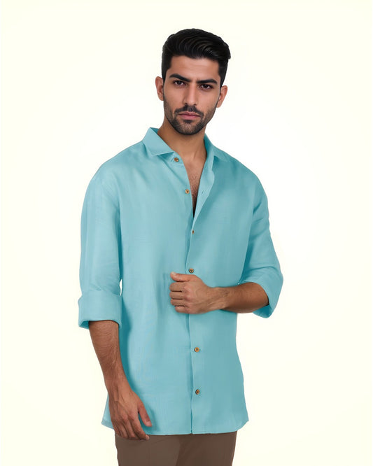 PURE LINEN AQUA BLUE FULL SLEEVE SHIRT