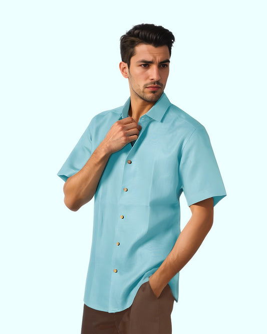 AQUA BLUE PURE LINEN HALF SLEEVE SHIRT