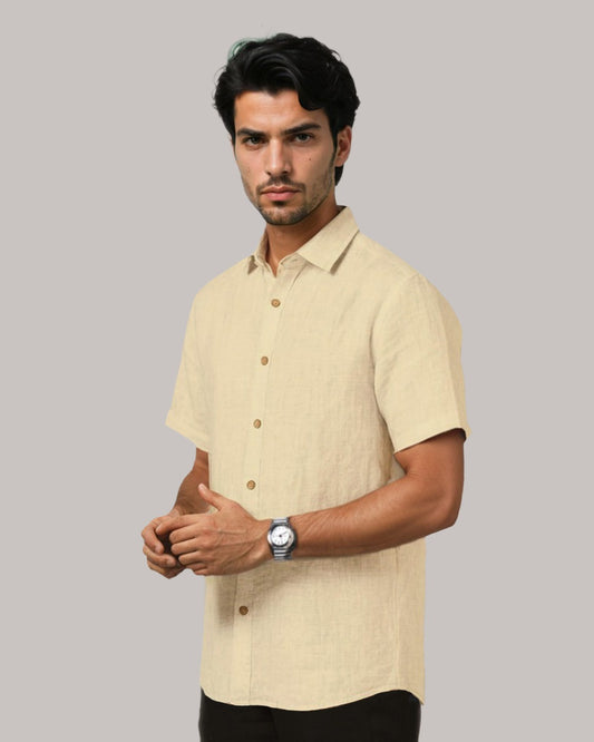 LIGHT CREME  PURE LINEN HALF SLEEVE SHIRT